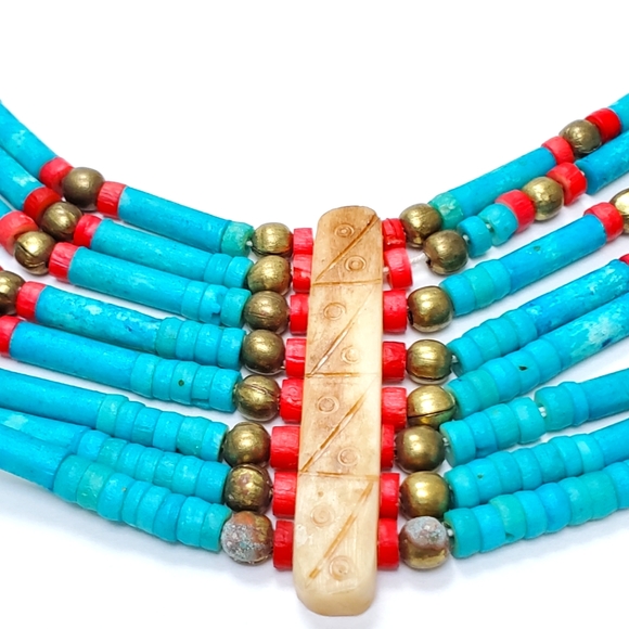 Tribal Blue Turquoise & Red Coral  Necklace Ethnic Bohemian Clay 8 Stran… - Picture 11 of 12